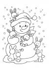 Снеговик с зайцами Рисунок раскраска на зимнюю тему