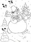 Снеговик несет елку и подарки и над ним летят синички Рисунок раскраска на зимнюю тему