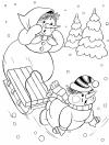 Снеговики катаются на санках Рисунок раскраска на зимнюю тему