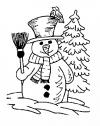 Снеговик у елки с метло и в шляпе Рисунок раскраска на зимнюю тему
