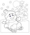 Снеговик на санках у елки Детские раскраски зима распечатать