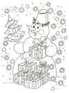 Снеговик с подарками и снежинки Рисунок раскраска на зимнюю тему