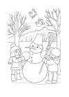 Дети лепят снеговика Рисунок раскраска на зимнюю тему