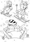 Снеговик катается на лыжах со зверятами Рисунок раскраска на зимнюю тему