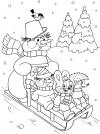 Снеговик катает зверят на санках Детские раскраски зима распечатать