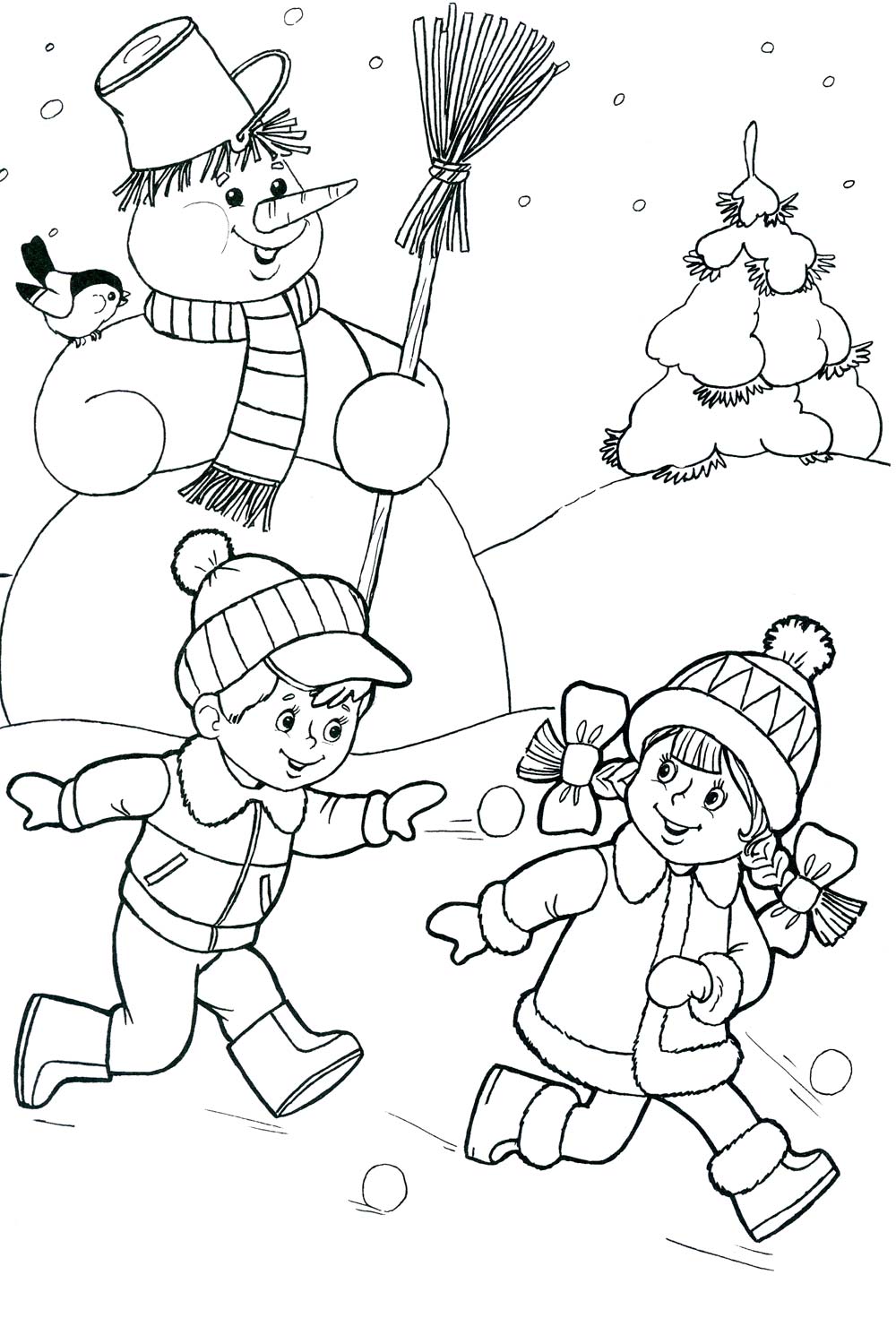 Зима, дети играют в снежки Раскраски зима скачать бесплатно