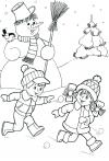 Зима, дети играют в снежки Раскраски зима распечатать бесплатно