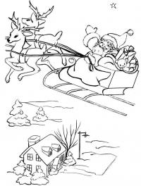 Дед сороз летит над городом в оленьей упряжке Детские раскраски зима распечатать