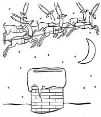 Рождественская ночь и мчащиеся по небу олени Детские раскраски зима распечатать