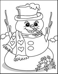 Зима, дробрый снеговик в шарфике в сердечку Рисунок раскраска на зимнюю тему