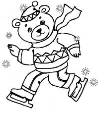Зима, медвежонок катается на коньках Детские раскраски зима распечатать