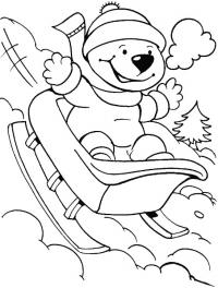 Медвеженок катится в санях Детские раскраски зима распечатать