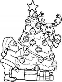 Дед мороз и олень наряжают елку Детские раскраски зима распечатать