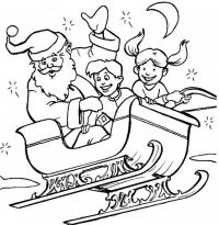 Дед мороз и дети летят в санях Детские раскраски зима распечатать