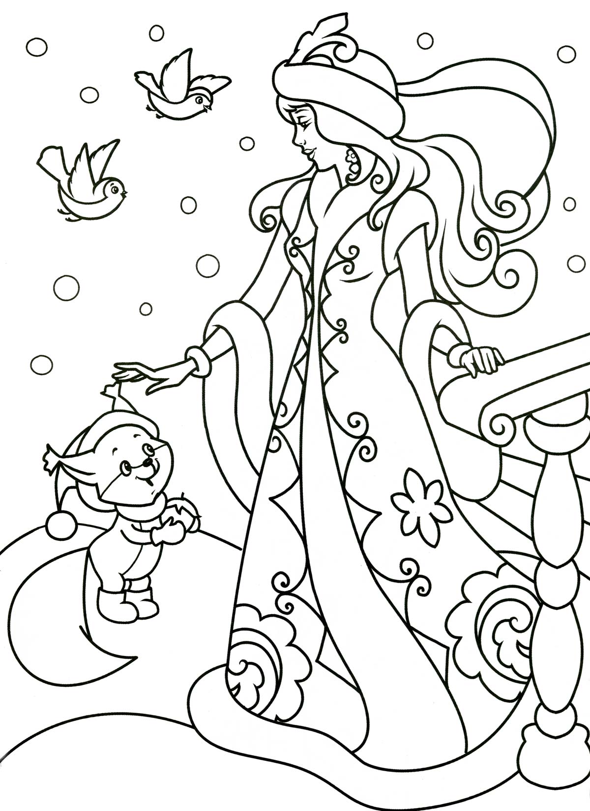 Зима снегурочка с белочкой Раскраски про зиму для детей