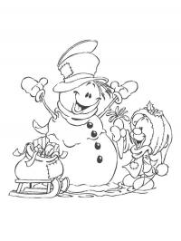 Веселый снеговик и медвежонок Детские раскраски зима распечатать