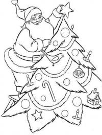 Дед мороз надевает звезду на елку Детские раскраски зима распечатать