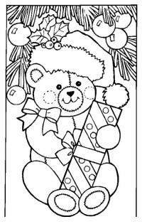 Медвежонок с подарком под елкой Зимние раскраски для мальчиков