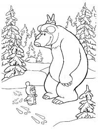 Маша и мишка, следы на снегу Детские раскраски зима распечатать