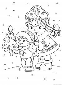 Снегурочка с мальчиком и елочкой Раскраски зима скачать бесплатно