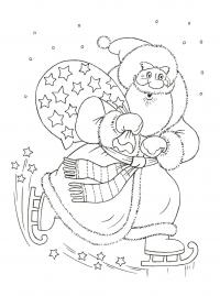 Дед мороз едет на коньках с мешком  в звездах Детские раскраски зима распечатать