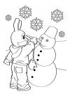 Зима, заяц лепит снеговика Детские раскраски зима распечатать
