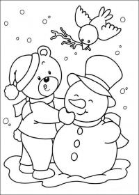 Плакаты, медведь лепит снеговика Раскраски зима скачать бесплатно