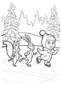 Маша с зайцем и белкой катаются на коньках на речке Детские раскраски зима распечатать