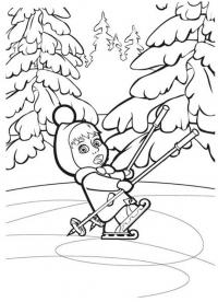 Маша учится кататься на каньках с лыжными палками Зимние раскраски для мальчиков
