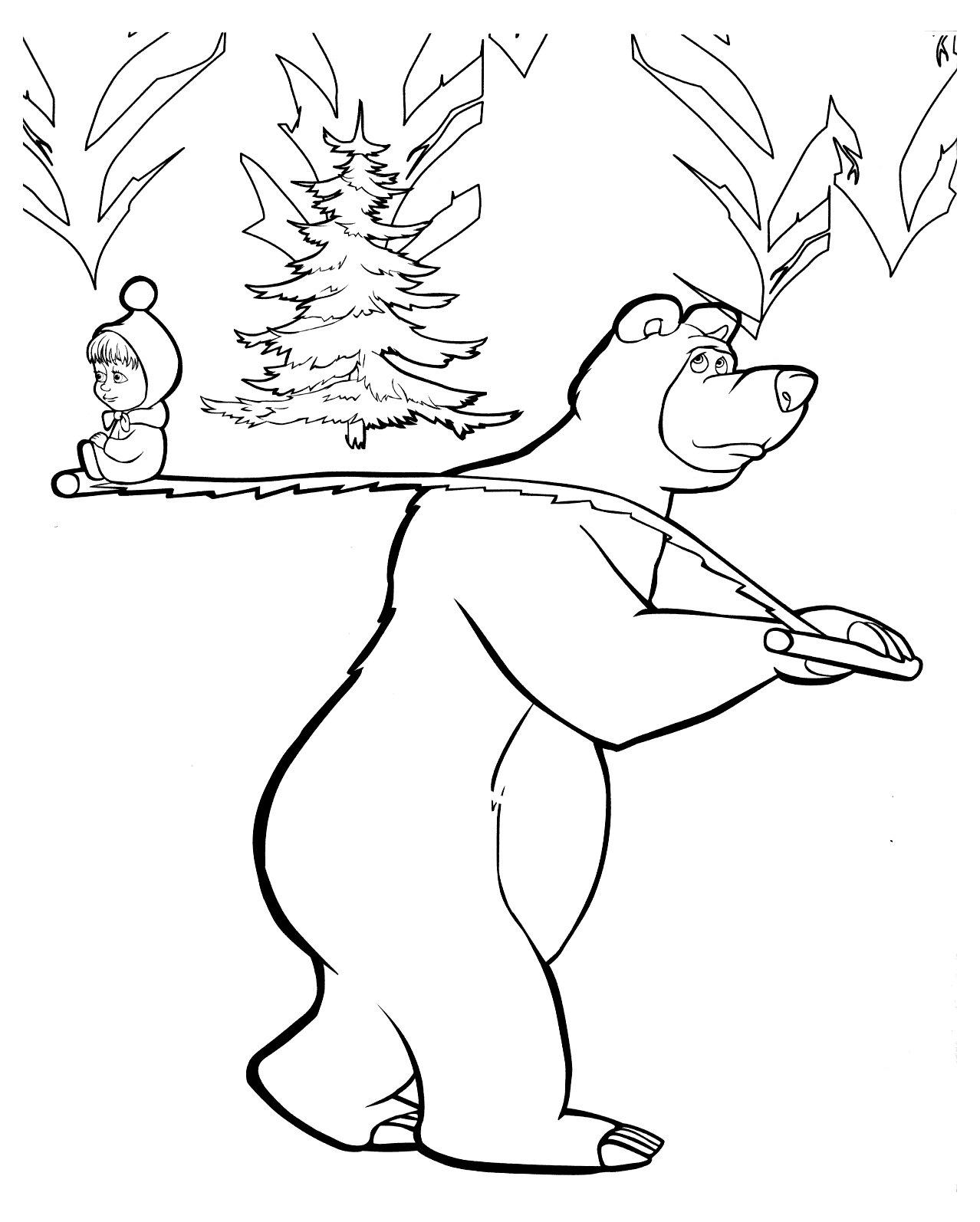 Раскраска зима распечатать Маша и медведь