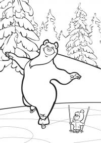 Маша и медведица на речке на коньках Детские раскраски зима распечатать