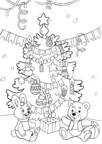 Новый год, зайка и мишка в подарок Детские раскраски зима распечатать