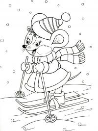 Новый год, мышка на лыжах Детские раскраски зима распечатать