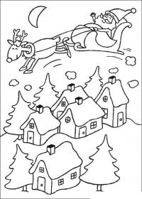 Новый год, санта мчится над деревней на олене Зимние рисунки раскраски