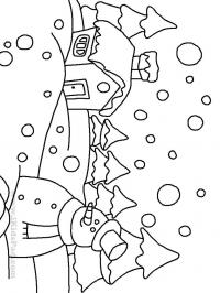 Снеговик возле избушки Детские раскраски зима распечатать