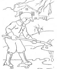 Зима, мальчик чистит двор от снега Детские раскраски зима распечатать