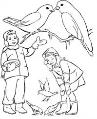 Дети кормят птиц Детские раскраски зима распечатать