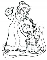Снегурочка гладит зайчика Детские раскраски зима распечатать