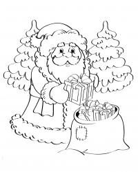 Дед мороз с мешком подарков Раскраска сказочная зима