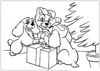 Собачик дарят подарки Раскраска сказочная зима