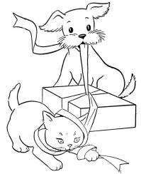 Пес, кот и подарок Детские раскраски зима распечатать