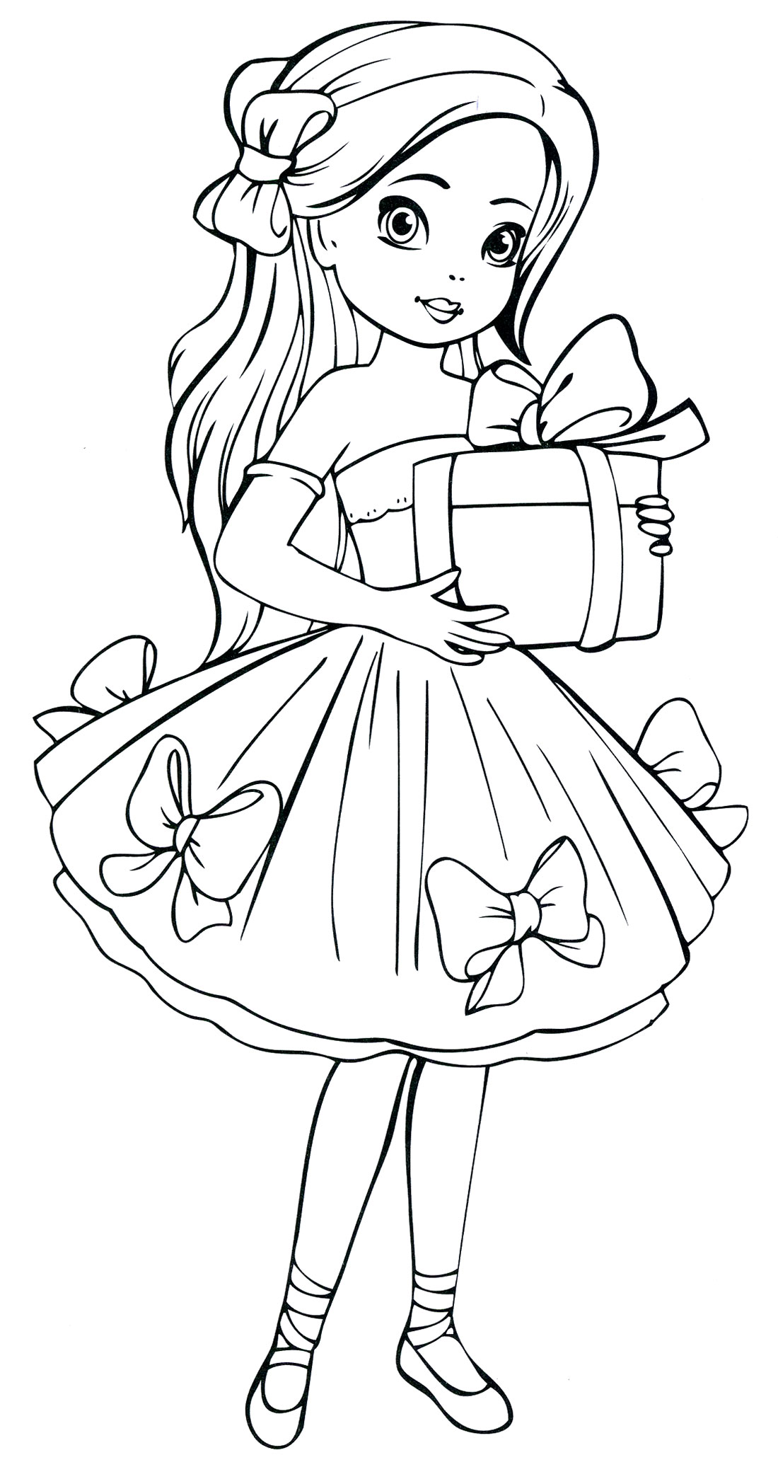 Девочка в красивом платеье с подарком Раскраски зима скачать бесплатно
