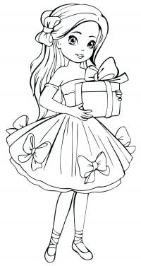 Девочка в красивом платеье с подарком Раскраски про зиму для детей