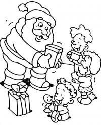 Дед мороз дарит детям подарки Раскраска сказочная зима