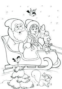 Дед мороз и снегурочка в санях с мышонком Раскраска зима распечатать