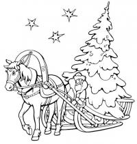 Дед мороз везет елку в санях с лошадью Раскраска зима распечатать