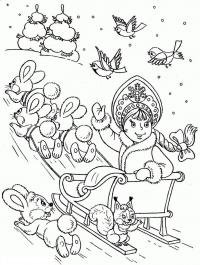 Снегурочка в санях с зайцами Детские раскраски зима распечатать
