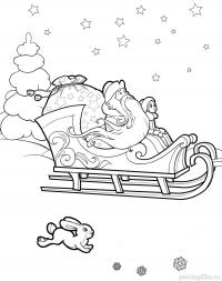 Дед мороз со снегурочкой в санях Раскраска зима распечатать