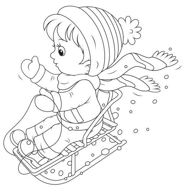 Ребенок на санках Зимние раскраски для девочек