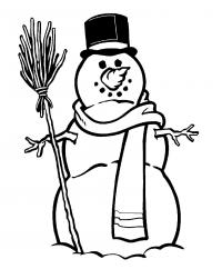 Снеговик с метлой Рисунок раскраска на зимнюю тему